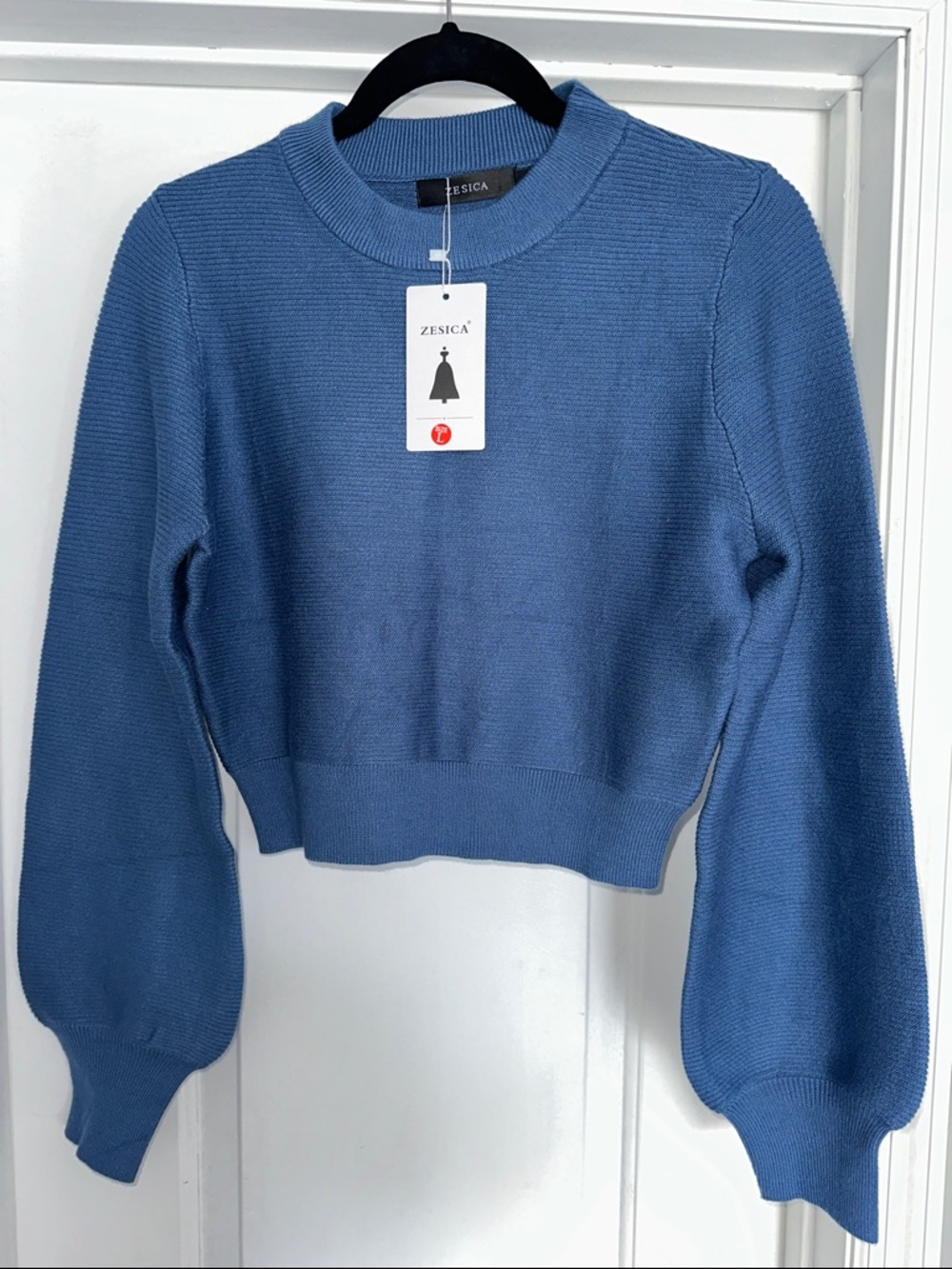 Zesica Blue Crewneck Balloon-Sleeve Sweater